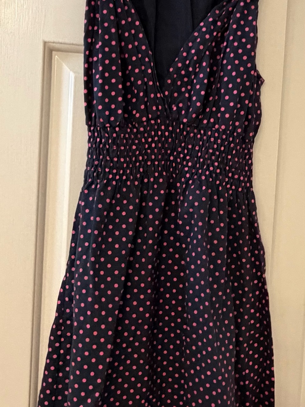 Angie Navy Blue Strapless Dress with Pink Polka Dots
